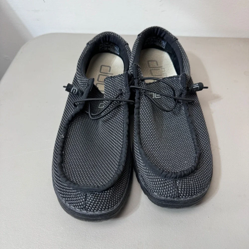 Hey Dude Wally L Sox Mens 11 Black Grey Knit Slip On Loafers Shoes